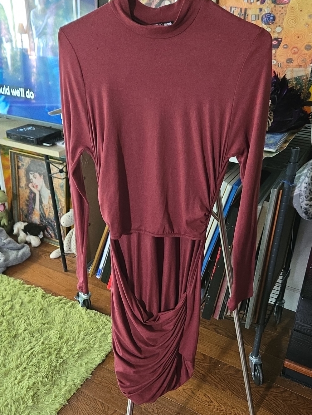 Women's Long Sleeve Mock Neck Dress in Burgundy